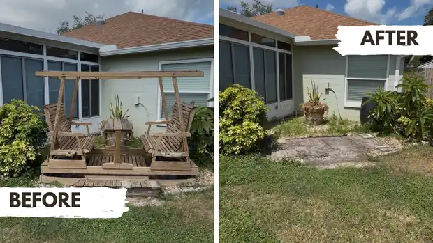 Before and after backyard patio furniture removal in Tampa by Sunrise Hauling Co.