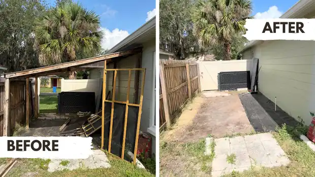 Before and after shed and side-yard cleanout by Sunrise Hauling Co. in Tampa
